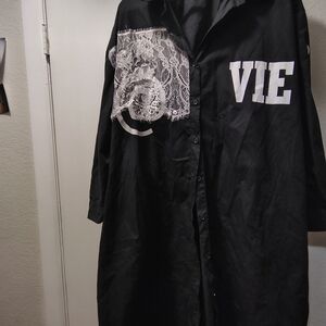 Ashley Stewart Black Button-Up with White Lace and Lettering